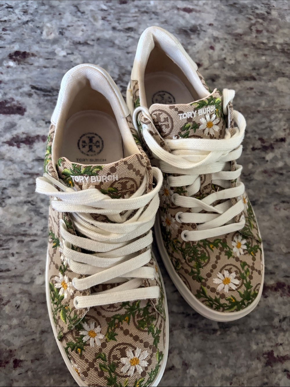 Tory Burch Beige Canvas Sneakers with White Daisy Embroidery